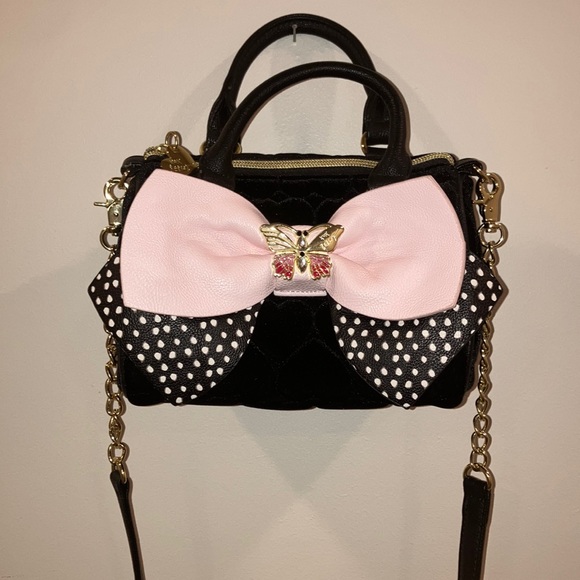 Betsey Johnson Handbags - Betsey Johnson Velvet Heart Baguette Handbag with Pink and Black Polka Dot Bow